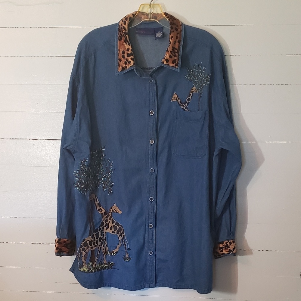 Faux Fur Denim Embroidered Button Down       0084